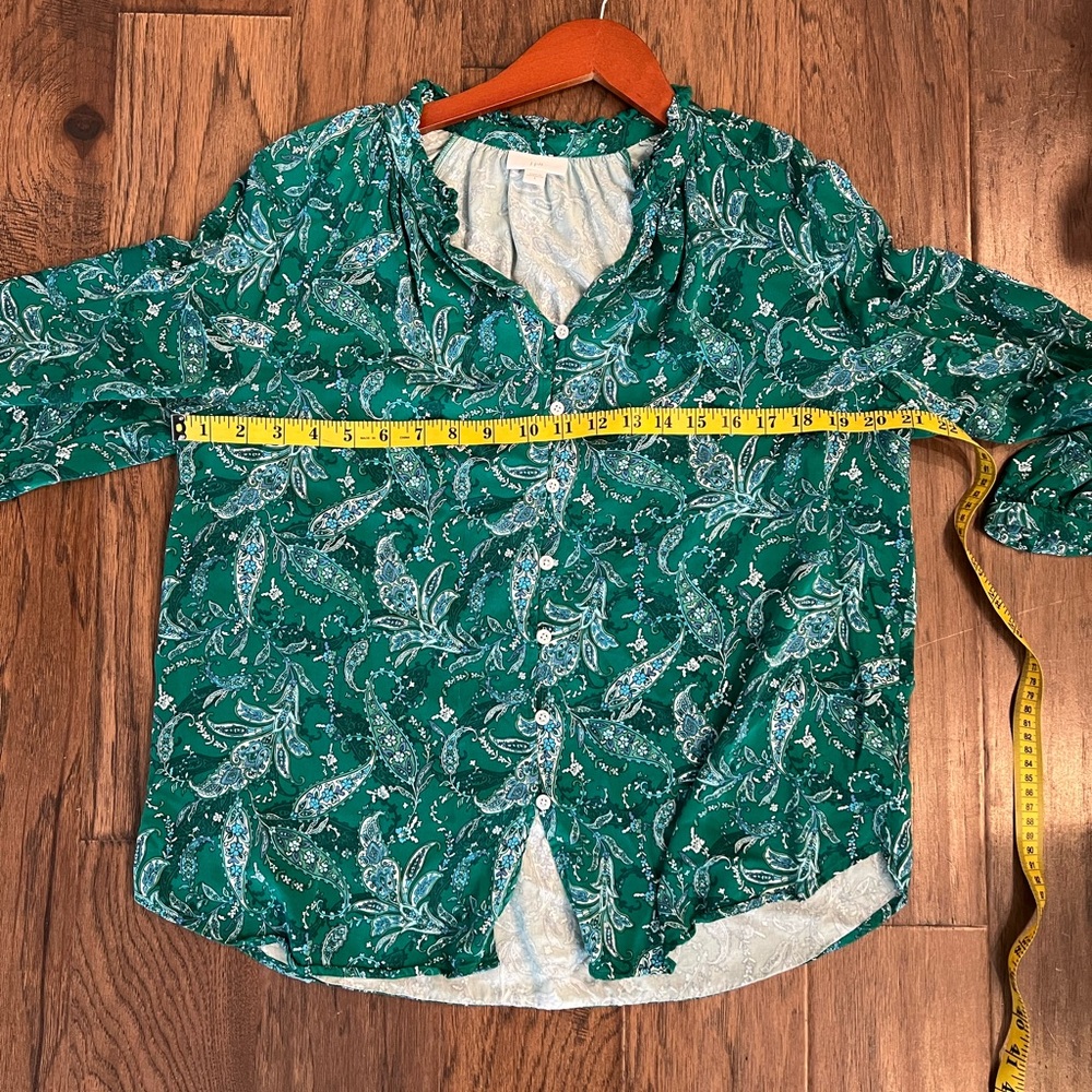 J. Jill Green Teal Paisley Button Front Boho Peasant Blouse Top Size Small - Picture 9 of 9